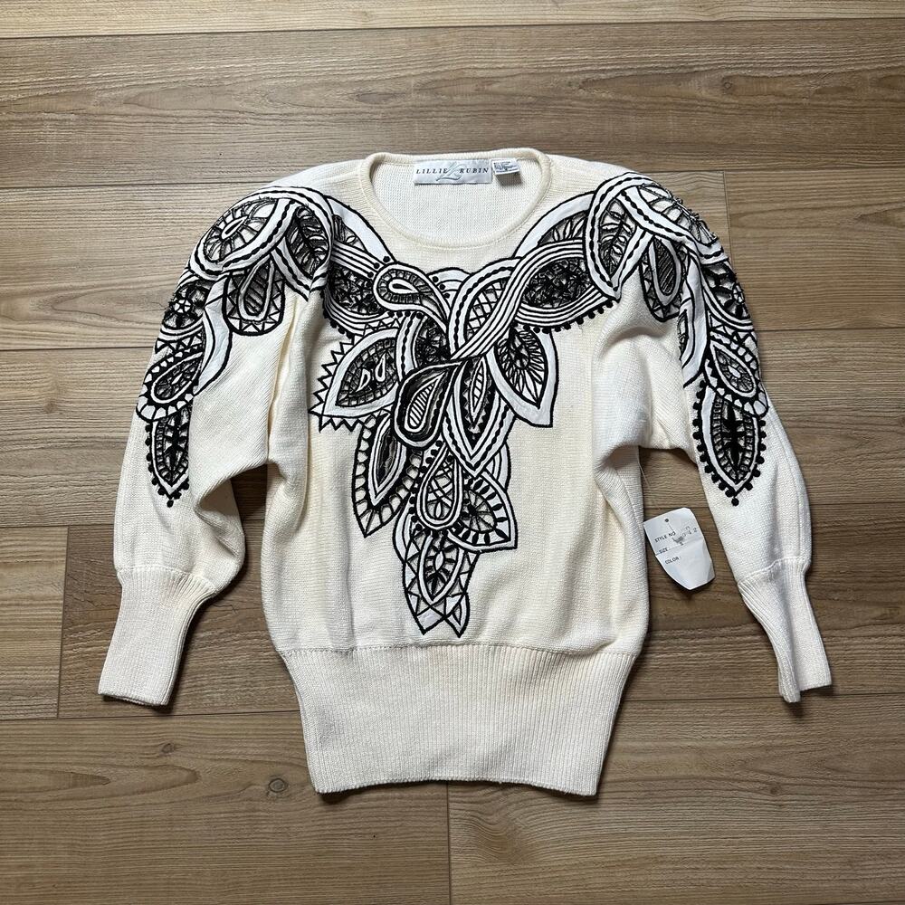 NEW Lillie Rubin Vintage Deadstock 1980s Laser Cut Patterned Sweater Small